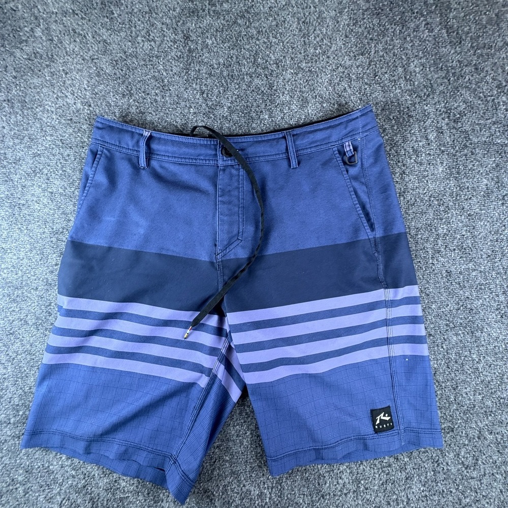Rusty Board Shorts Mens 35x9 Blue Striped Logo Pockets Drawstring Beach Swimwear